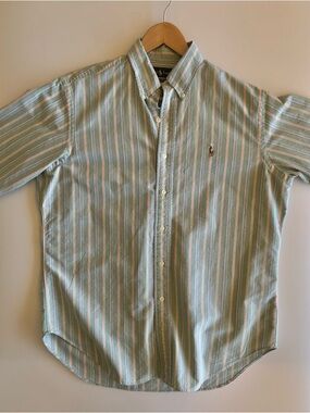 Ralph Lauren Mint Green Striped Button-Down Shirt with White & Pink Stripes